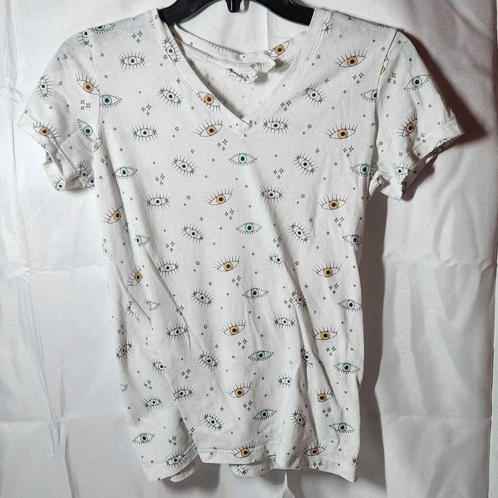 Nicole Miller Eyes Graphics White V-Neck T-Shirt- Women's Size Small